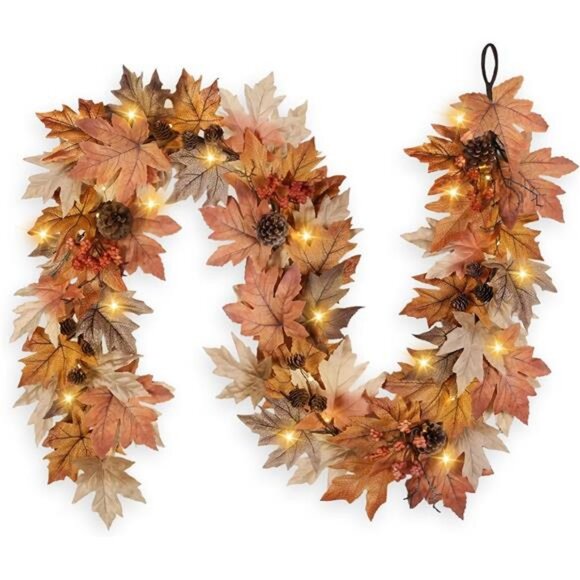 6 FT Fall Garland with Lights Timer Function Fall Leaves Garland with Berries - Picture 1 of 7